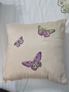 Butterfly Embroidered Decorative Pillow - Cream with Purple & Green Accents
